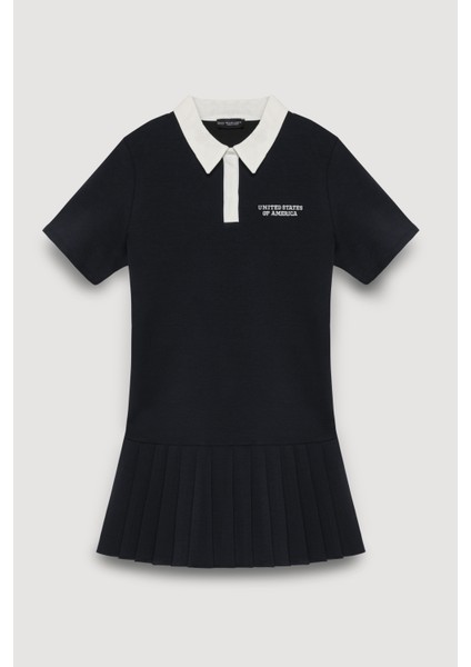 Polo Yaka Pileli Mini Elbise Lacivert