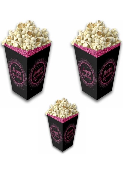 Pembe Siyah Happy Birthday Mısır Kutusu 8 Adet