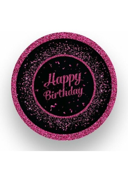 Pembe Siyah Happy Birthday Karton Tabak 8 Adet