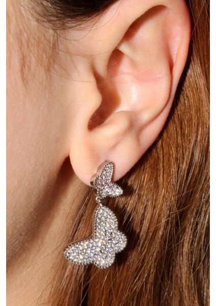 Sallantılı Full Zirkon Taşlı Kelebek Model Çivi Kadın Küpe modelleri