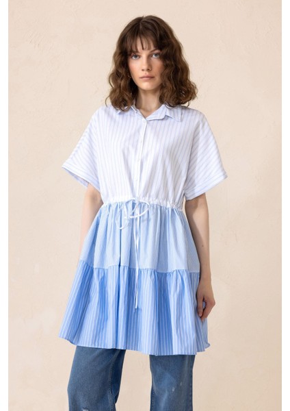 Beli Büzgülü Çizgili Kısa Kol Poplin Tunik Mavi 9282