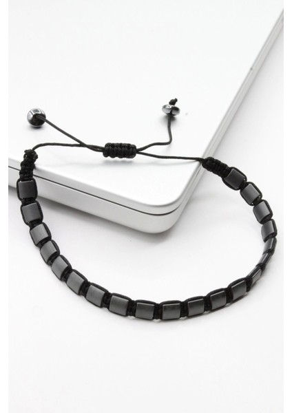 Özel Tasarım Halatlı Kare Hematit Taşlı Asansör Ipli Ayarlanabilir Doğal Taş Erkek Bileklik