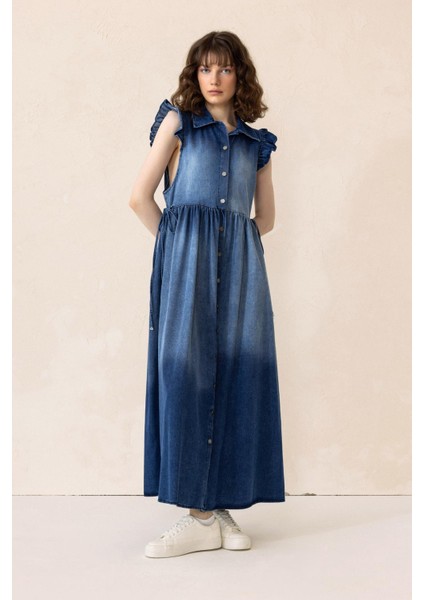 Fır Fır Detaylı Kolsuz Denim Elbise Mavi 9296-E