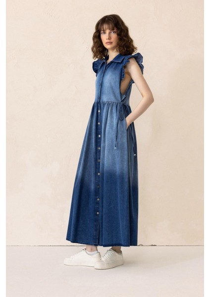 Fır Fır Detaylı Kolsuz Denim Elbise Mavi 9296-E fiyatları