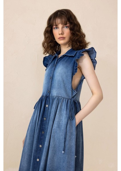 Fır Fır Detaylı Kolsuz Denim Elbise Mavi 9296-E modelleri
