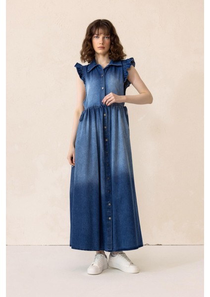 Fır Fır Detaylı Kolsuz Denim Elbise Mavi 9296-E fırsatları