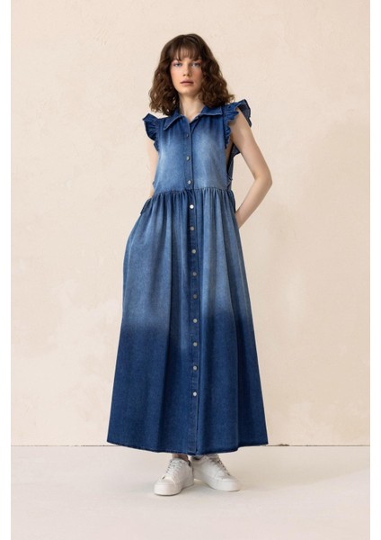 Fır Fır Detaylı Kolsuz Denim Elbise Mavi 9296-E indirimleri