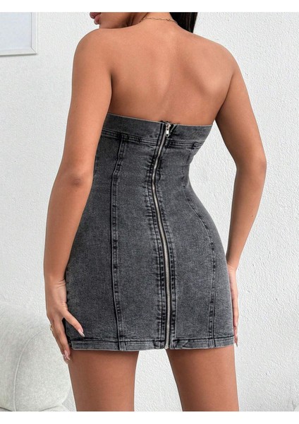 Siyah Straplez Mini Kadın Kot Elbise - 0406