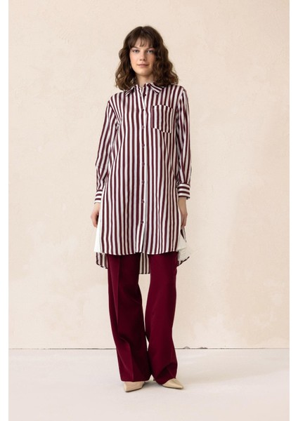 Yanları Fermuar ve Pilise Detaylı Çizgili Tunik Bordo 9830