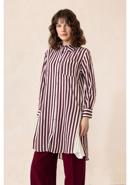 Yanları Fermuar ve Pilise Detaylı Çizgili Tunik Bordo 9830