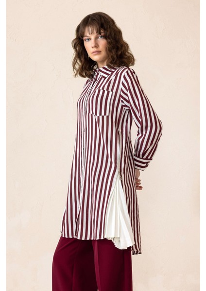 Yanları Fermuar ve Pilise Detaylı Çizgili Tunik Bordo 9830