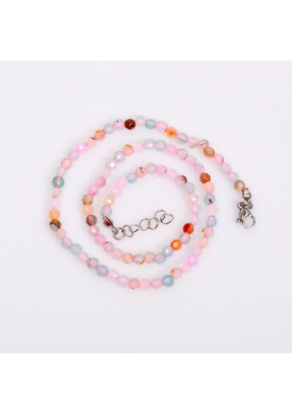 Mavi Pembe Akik Taşı Dizi Kolye - Çelik Aparatlı - 4 mm Faset Kesim