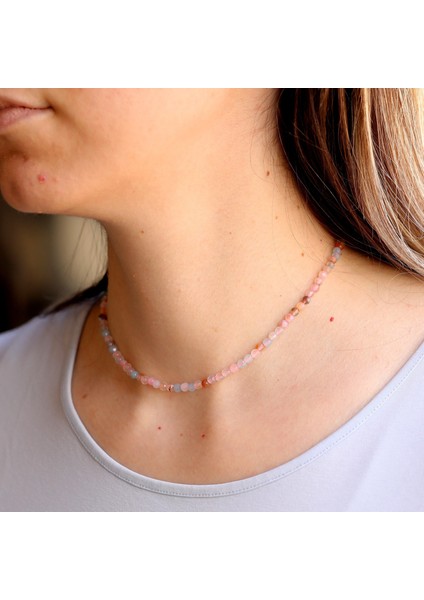 Mavi Pembe Akik Taşı Dizi Kolye - Çelik Aparatlı - 4 mm Faset Kesim fiyatları