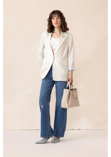 Yarım Astarlı Naturel Keten Ceket Krem 8259