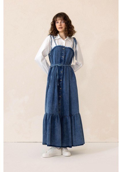 Gömlek Espirili Eteği Volanlı Denim Elbise Mavi 9305-E modelleri