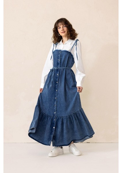 Gömlek Espirili Eteği Volanlı Denim Elbise Mavi 9305-E fırsatları