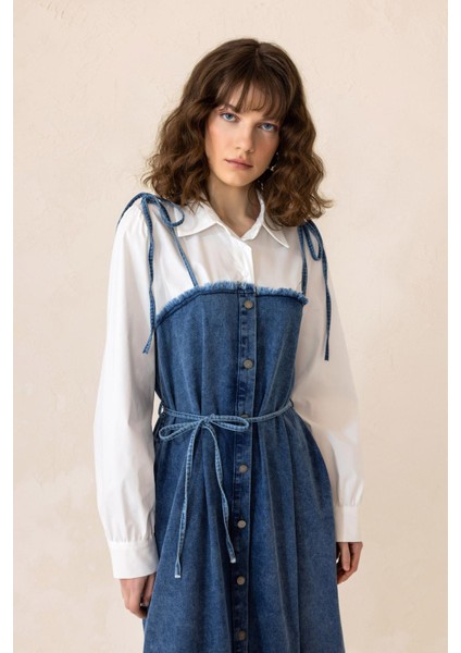 Gömlek Espirili Eteği Volanlı Denim Elbise Mavi 9305-E indirimleri