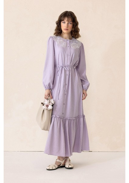 Yakası Fisto Detaylı Jakarlı Uzun Elbise Lila 9298-E