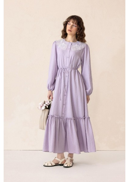Yakası Fisto Detaylı Jakarlı Uzun Elbise Lila 9298-E fiyatları