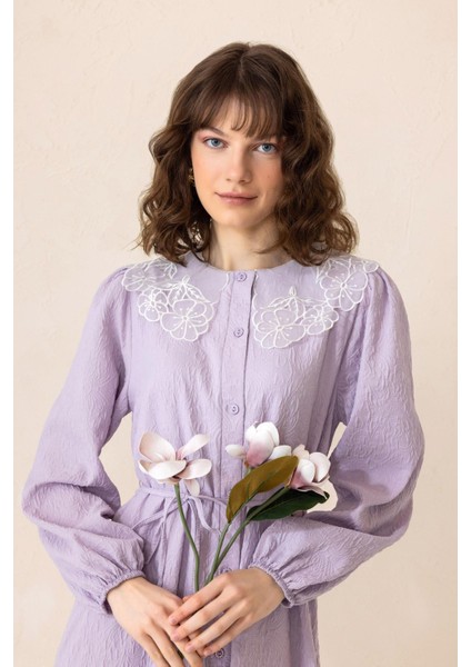 Yakası Fisto Detaylı Jakarlı Uzun Elbise Lila 9298-E modelleri