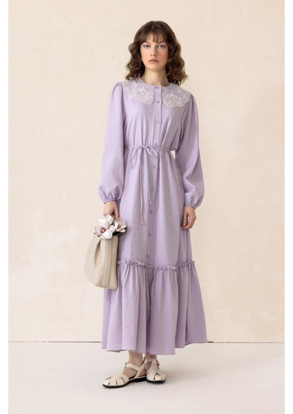 Yakası Fisto Detaylı Jakarlı Uzun Elbise Lila 9298-E fırsatları