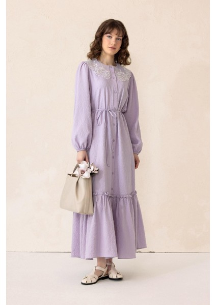 Yakası Fisto Detaylı Jakarlı Uzun Elbise Lila 9298-E indirimleri