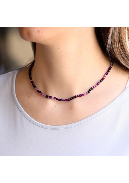 Beyaz Damarlı Mor Akik Taşı Dizi Kolye ( 4 mm ) - Çelik Aparatlı modelleri
