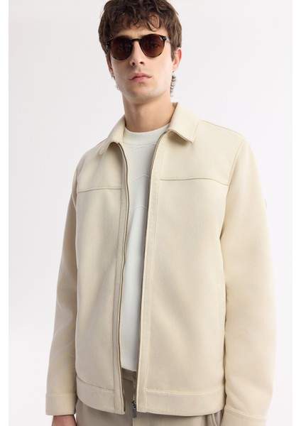 Erkek Bej Klasik Yaka Fermuarlı Süet Dokulu Mevsimlik Comfort Fit Mont A51Y6005
