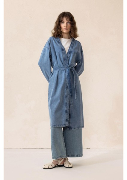 Kuşak Detaylı Astarsız Denim Kap Mavi 6731
