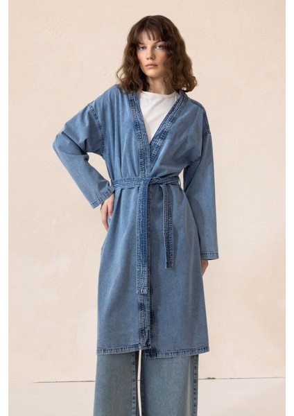 Kuşak Detaylı Astarsız Denim Kap Mavi 6731 fiyatları