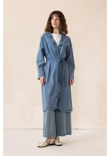 Kuşak Detaylı Astarsız Denim Kap Mavi 6731 modelleri