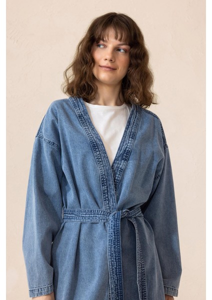 Kuşak Detaylı Astarsız Denim Kap Mavi 6731 fırsatları