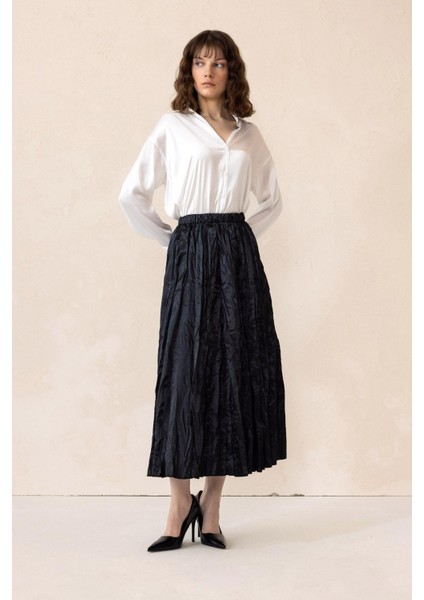 Beli Lastikli Kırışık Saten Etek Siyah 7059