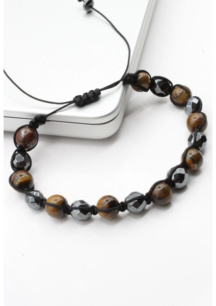 Özel Tasarım Kaplan Gözü Hematit Taşlı Asansör Ipli Ayarlanabilir Doğal Taş Erkek Bileklik