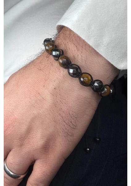 Özel Tasarım Kaplan Gözü Hematit Taşlı Asansör Ipli Ayarlanabilir Doğal Taş Erkek Bileklik fırsatları