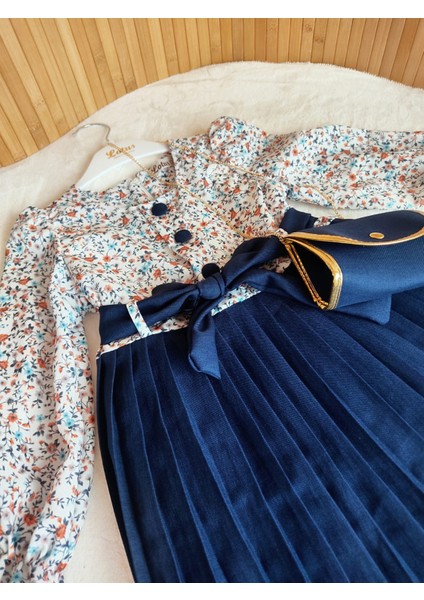 Kız Çocuk Bayramlık Lacivert Pileli Düğme Tetaylı Çanta Hediyeli Çocuk Elbise