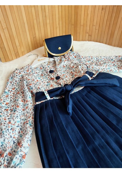 Kız Çocuk Bayramlık Lacivert Pileli Düğme Tetaylı Çanta Hediyeli Çocuk Elbise fiyatları