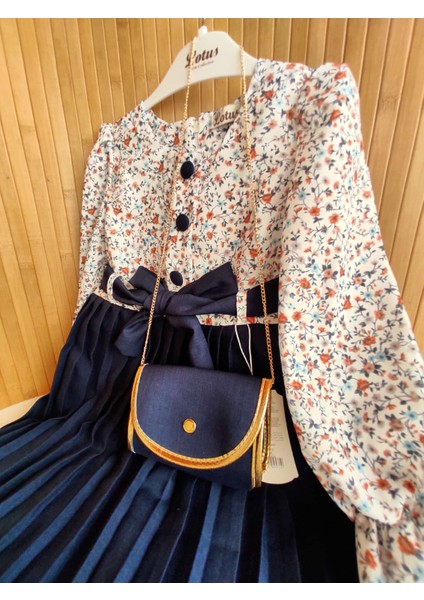 Kız Çocuk Bayramlık Lacivert Pileli Düğme Tetaylı Çanta Hediyeli Çocuk Elbise fırsatları