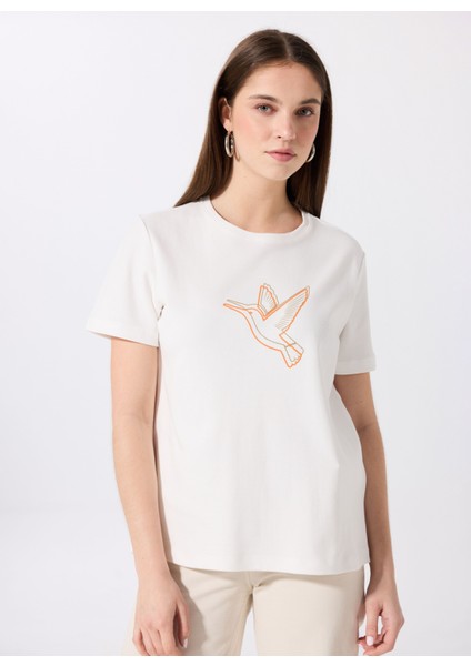 Bisiklet Yaka Baskılı Kırık Beyaz Kadın T-Shirt F5SL-TST0389