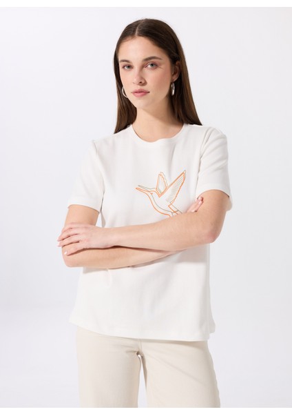 Bisiklet Yaka Baskılı Kırık Beyaz Kadın T-Shirt F5SL-TST0389 modelleri