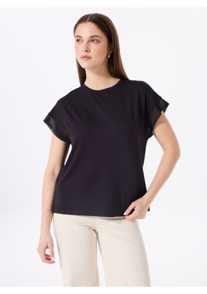 Bisiklet Yaka Baskılı Siyah Kadın T-Shirt F5SL-TST0087
