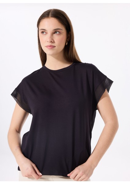 Bisiklet Yaka Baskılı Siyah Kadın T-Shirt F5SL-TST0087 modelleri