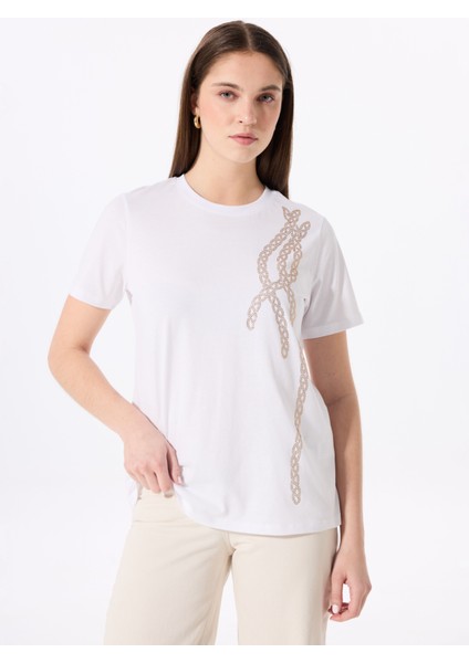 Kırık Beyaz Kadın Relaxed Taşlı T-Shirt FC5SL-TST0196