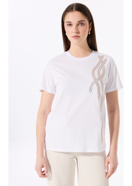 Kırık Beyaz Kadın Relaxed Taşlı T-Shirt FC5SL-TST0196 modelleri
