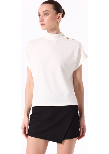 Dik Yaka Düz Kırık Beyaz Kadın T-Shirt F5SL-TST0186 fiyatları