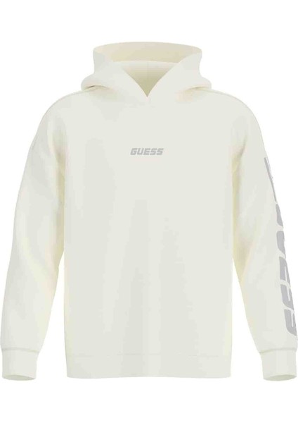 Z4BQ03KAIJ1G018 Dalım Over Hooded Beyaz Kapüşon Yaka Standart Fit Desenli Erkek Sweatshirt