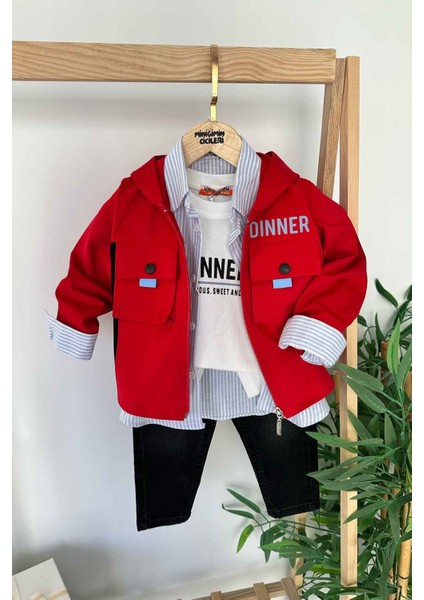 4 Parça Dinner Baskı Kapüşonlu Ceketli Çizgi Detaylı Kotlu Erkek çocuk takım - Kırmızı