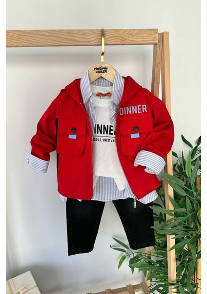 4 Parça Dinner Baskı Kapüşonlu Ceketli Çizgi Detaylı Kotlu Erkek çocuk takım - Kırmızı fiyatları