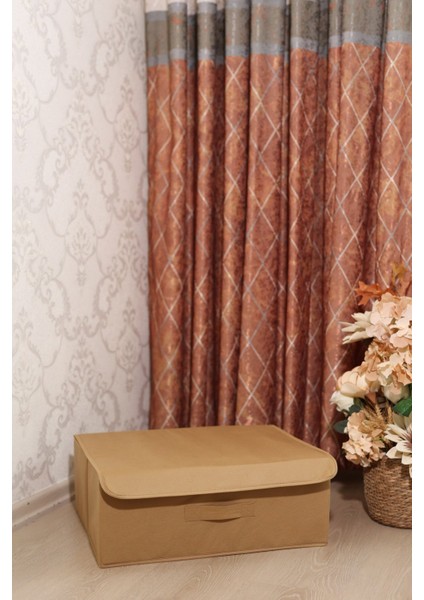 Bej Kapaklı Katlanabilir Çamaşır Düzenleyici Saklama Kutusu Kutu Hurç 50 x 40 x 30 50 x 40 x 19 30 x 23 x 11