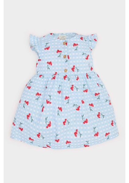 Kız Bebek Desenli Kısa Kollu Flamlı Poplin Elbise E0645A525SM